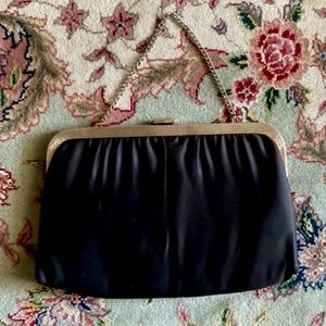 Vintage 1960’s black satin clutch with gold chain handle strap